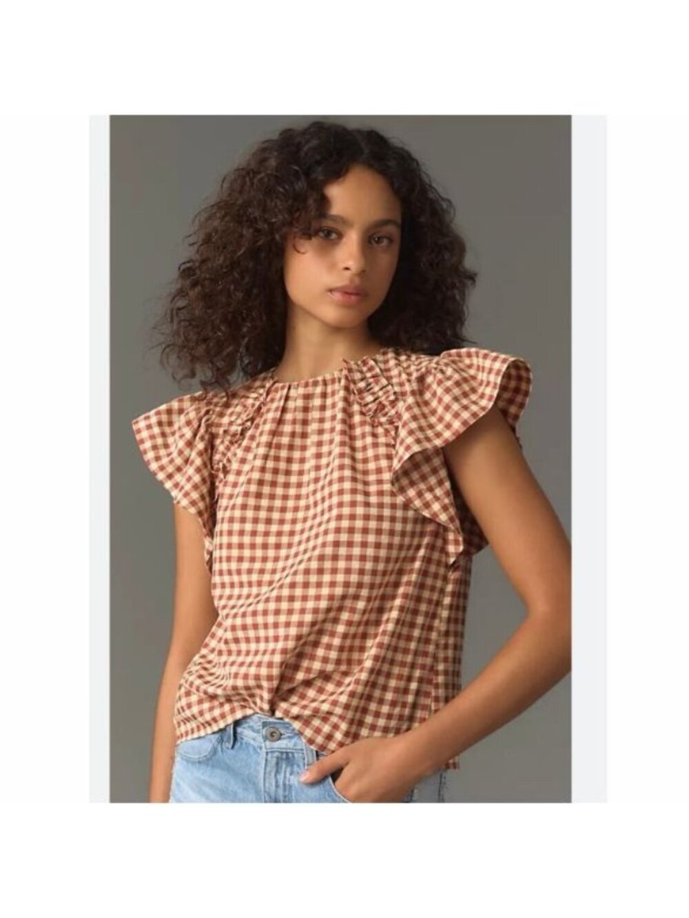 Anthropologie En Saison Juni Gingham Ruffle Sleeve Blouse Red Cream Size Small